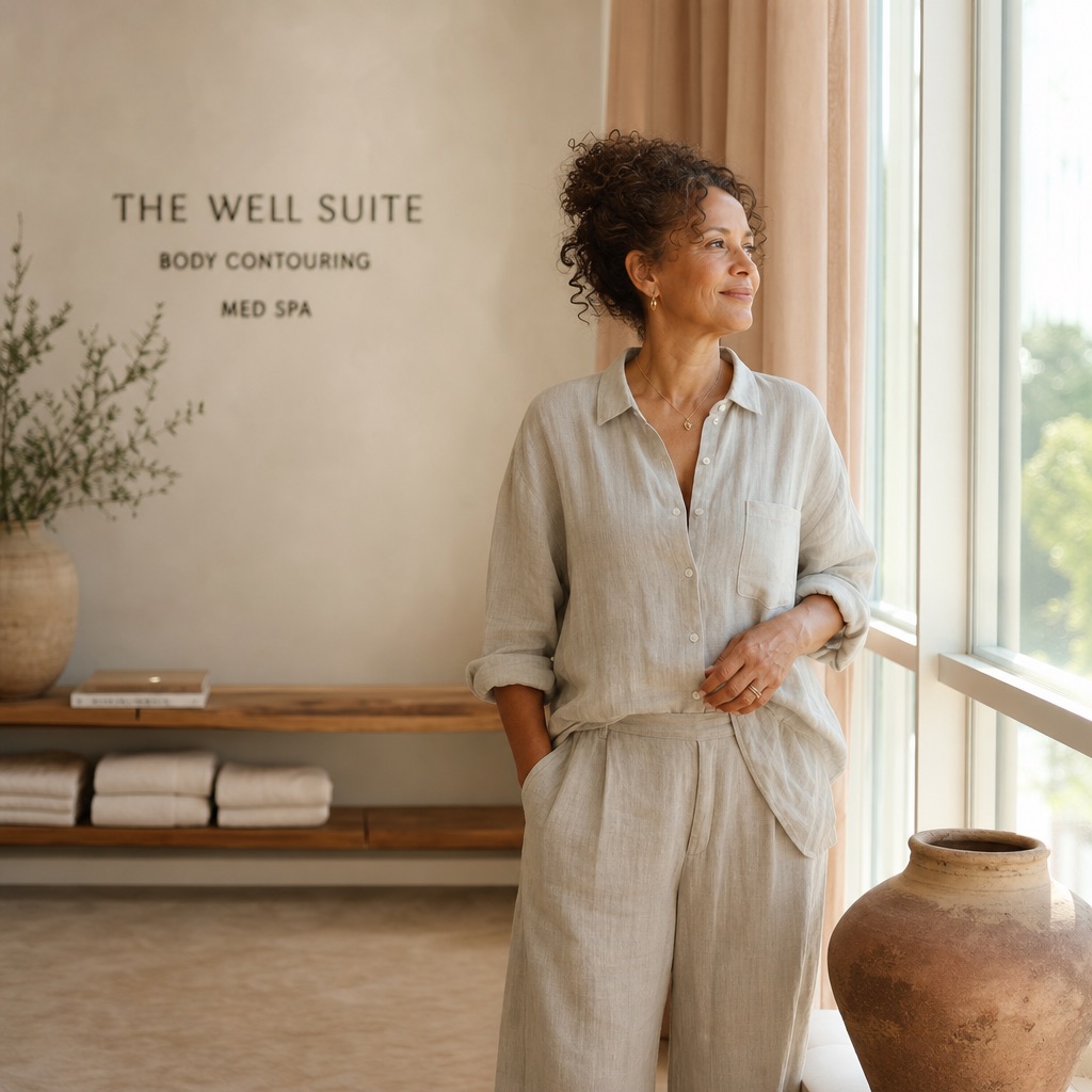 Confident woman in relaxed linen standing in a warm, sunlit body contouring and wellness studio