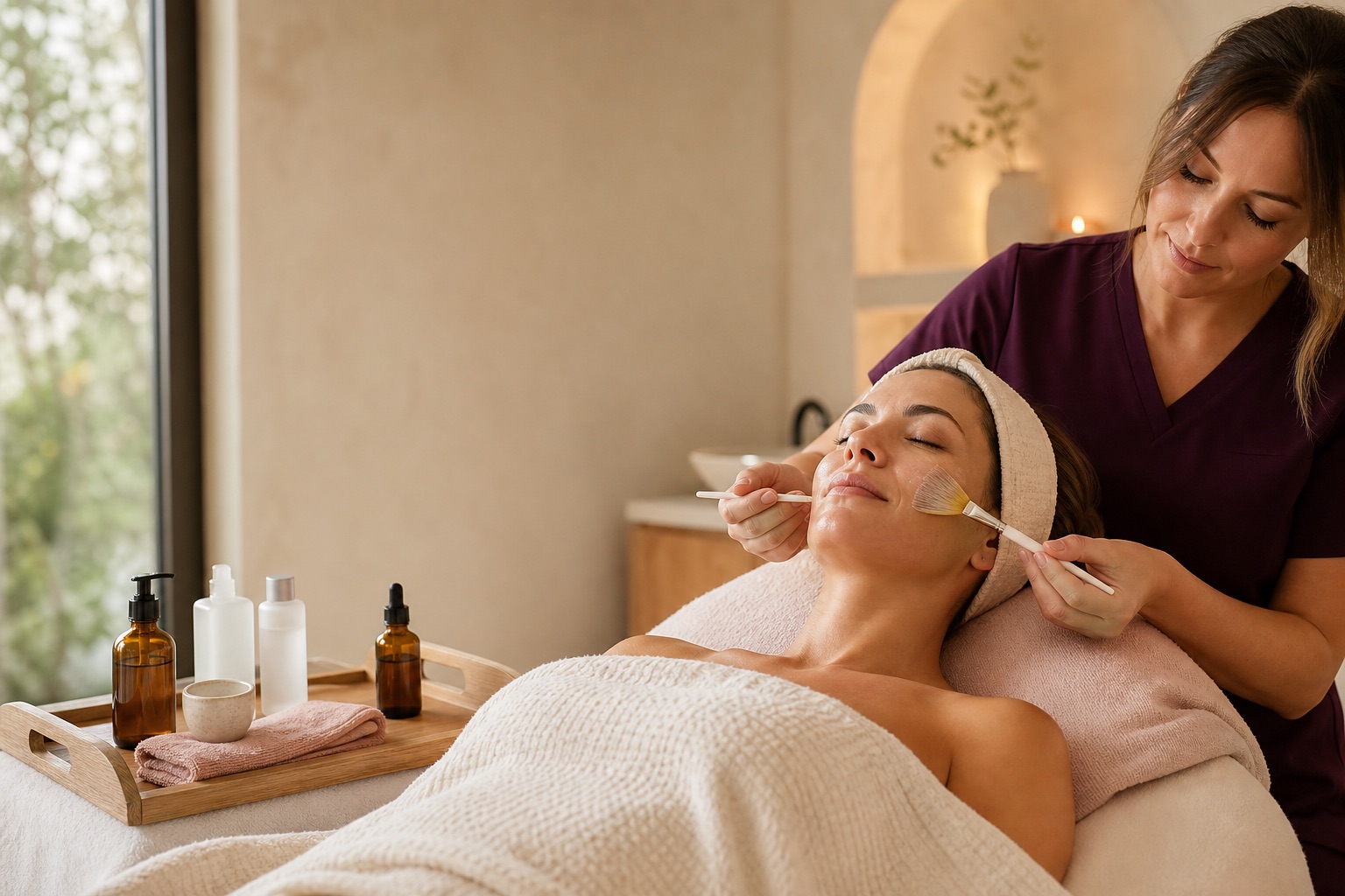 Esthetician in plum scrubs brushing a gentle peel solution onto a relaxed client's cheek in a warm, daylight-filled med spa facial room