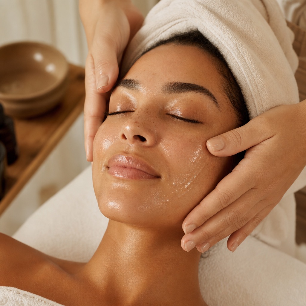 Serene woman with glowing skin receiving a hydrating facial treatment, wrapped in a soft towel