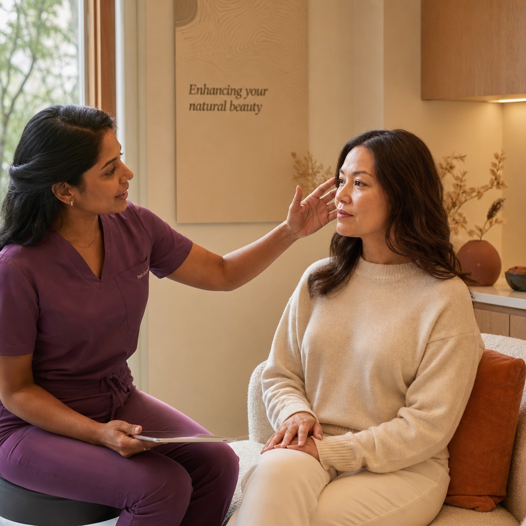 Practitioner gently consulting with a relaxed client about injectable treatments in a warm med spa consult room