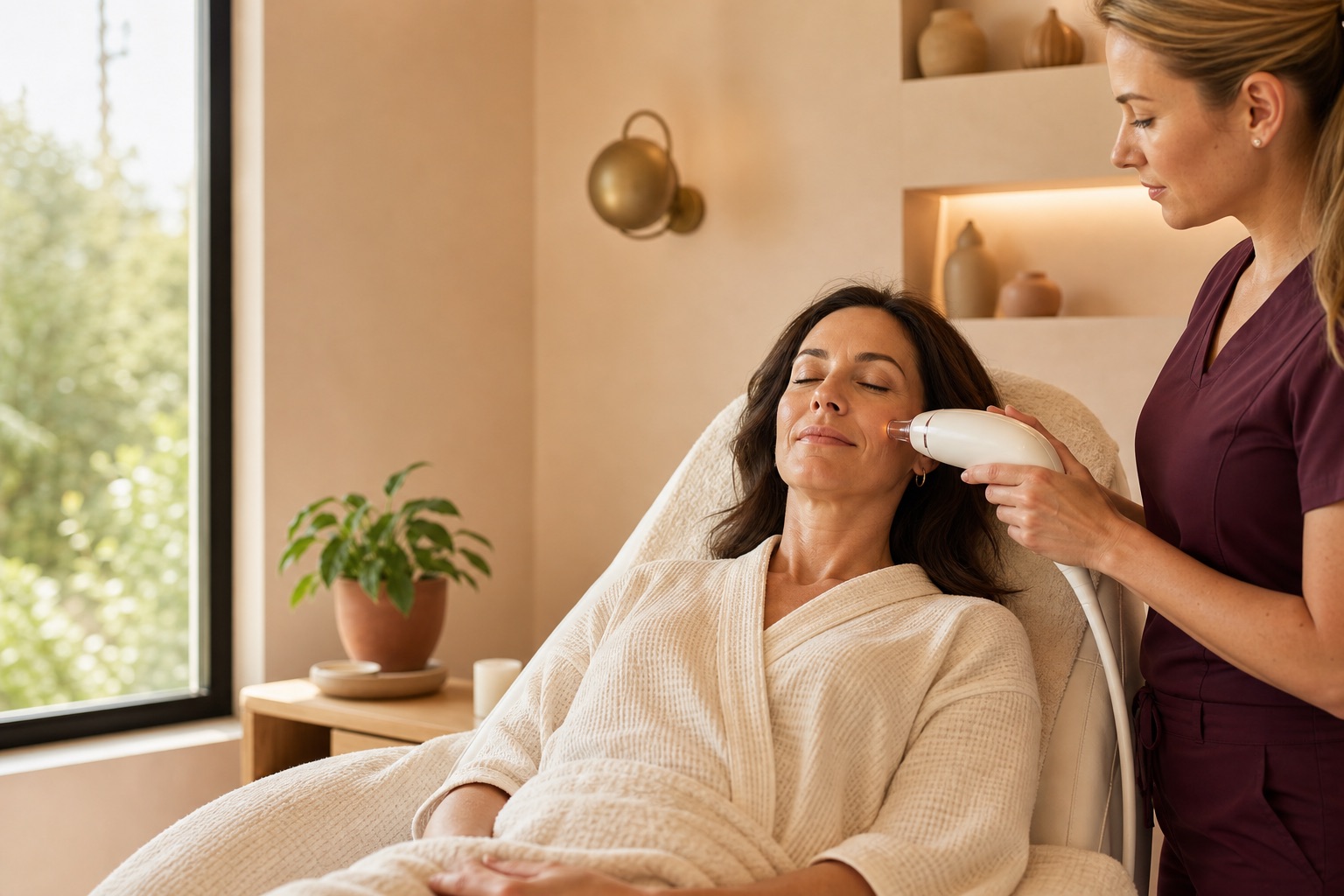 Practitioner in plum scrubs guiding a handheld cosmetic laser over a relaxed client&rsquo;s cheek in a warm, daylight-filled med spa treatment room