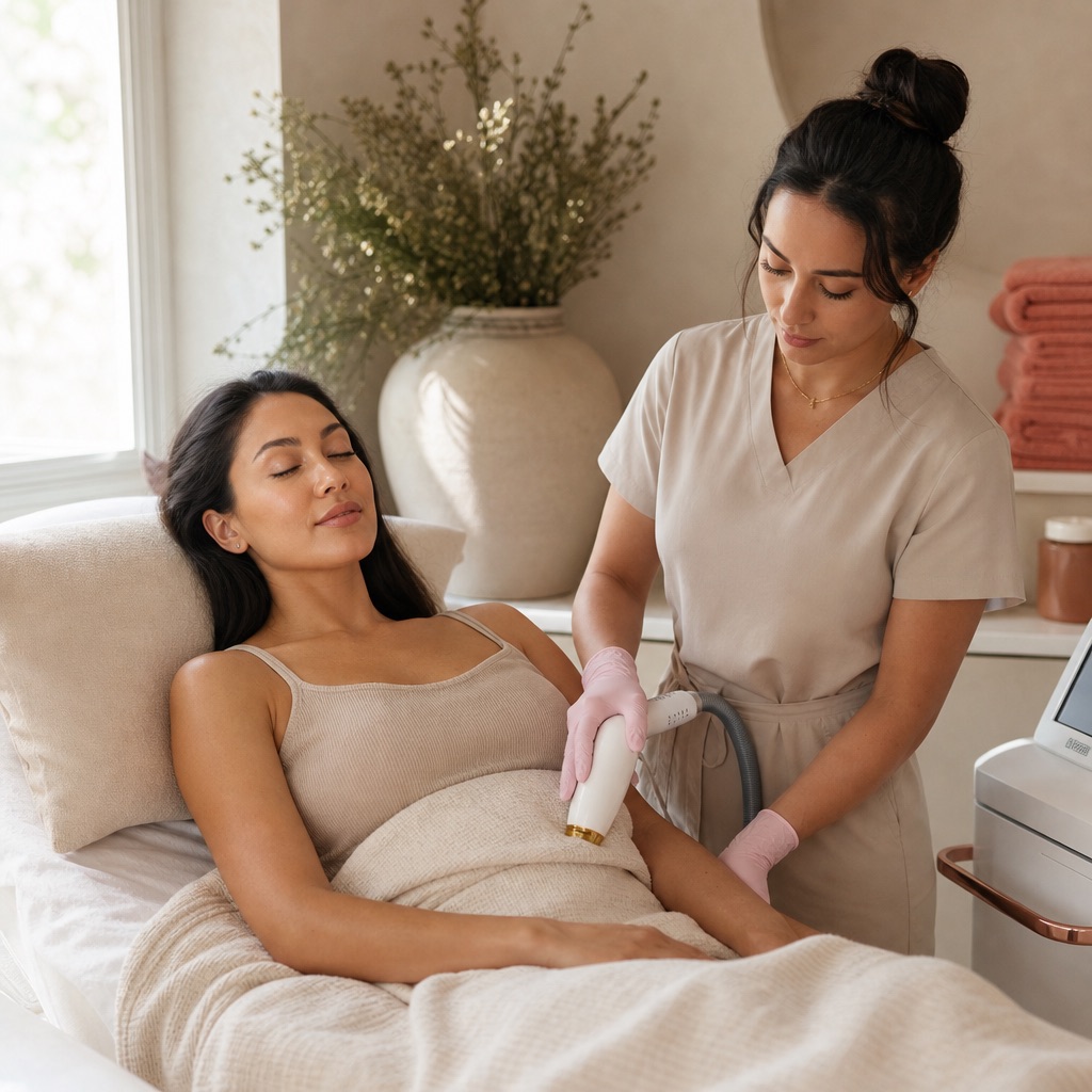 Client resting comfortably during a laser hair removal treatment in a calm, daylight-filled med spa room