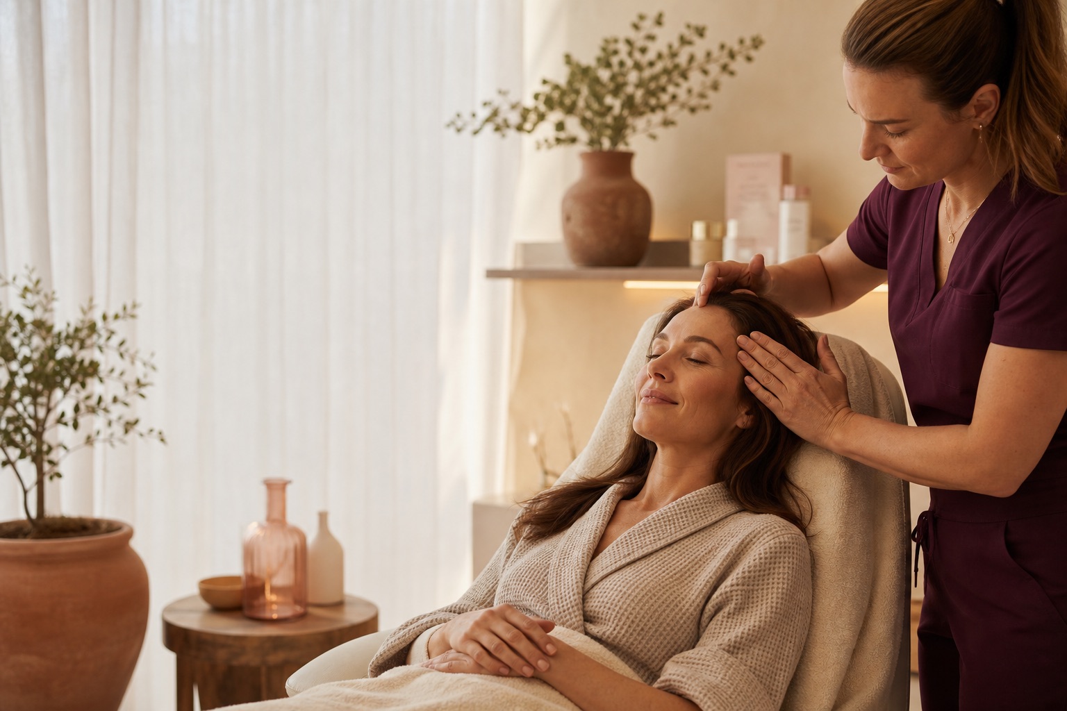 Practitioner in plum scrubs reviewing scalp and skin goals with a relaxed client before PRP treatment in a bright suburban med spa